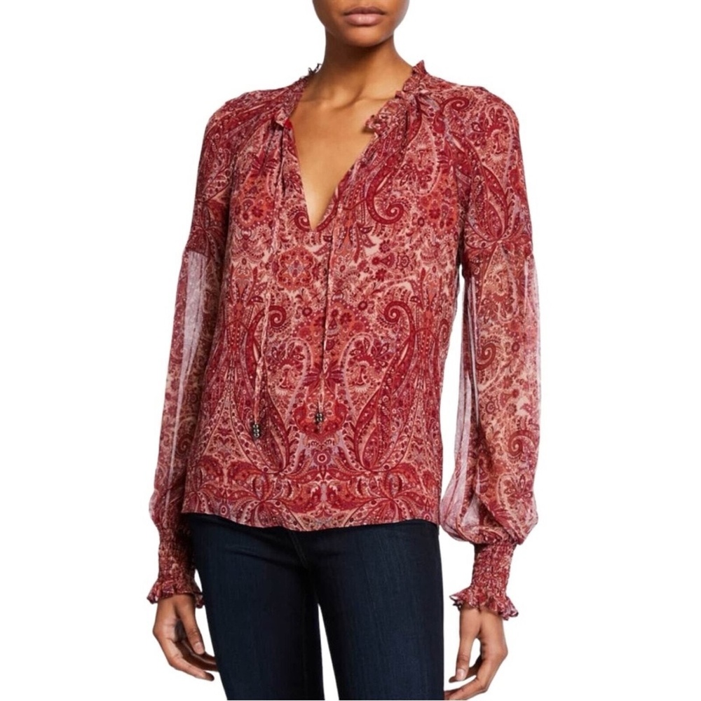 Ramy Brook Luanne Silk Paisley Print Long Sleeve Red V-Neck Blouse Size XS